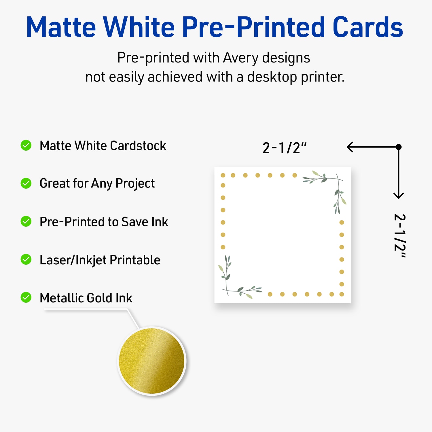 Avery Printable Cards With Sure Feed Technology, 2-1/2in x 2-1/2in, Matte White With Gold Dots/Green Floral Design, Pack Of 90 - Image 4