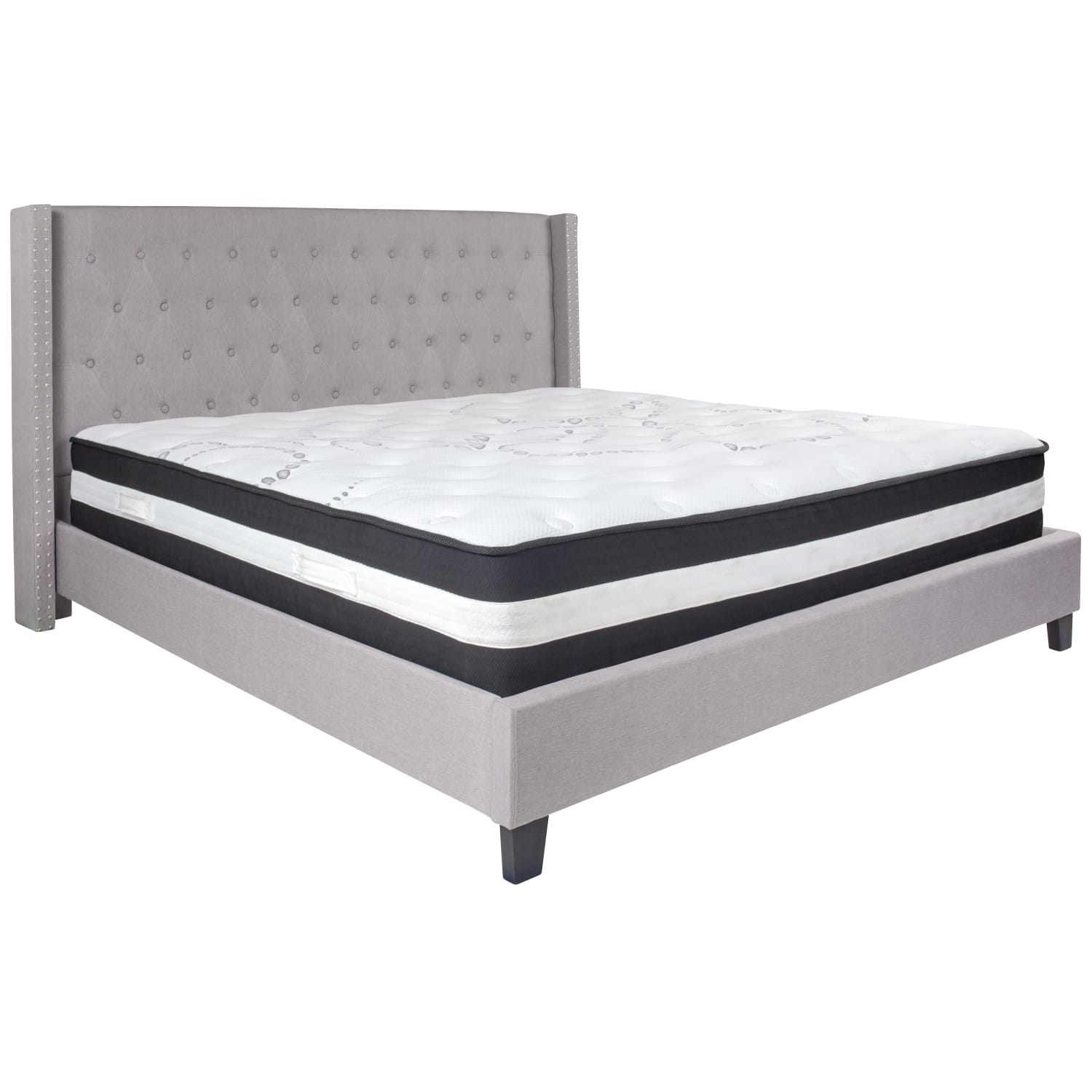 Flash Furniture Riverdale Tufted Upholstered Platform Bed With Accent Nail Trimmed Extended Sides And Pocket Spring Mattress, King, Light Gray - Image 3