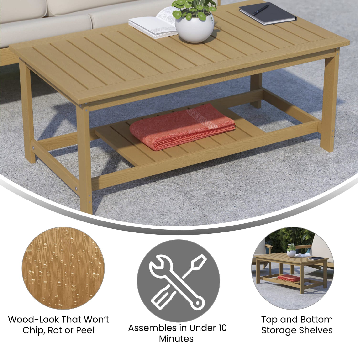 Flash Furniture Charlestown All-Weather Poly Resin Wood Two Tiered Commercial Grade Adirondack Slatted Coffee Conversation Table in Natural Cedar - Image 5
