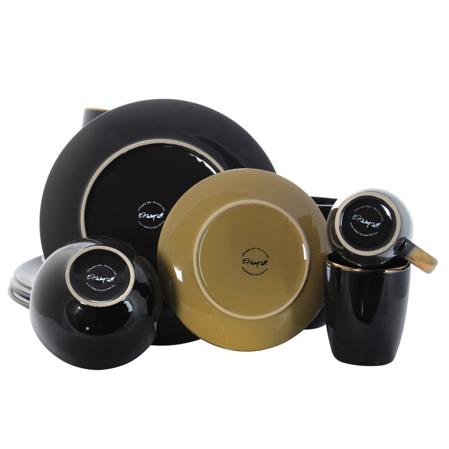 Elama 16-Piece Stoneware Dinnerware Set, Black/Warm Taupe - Image 4