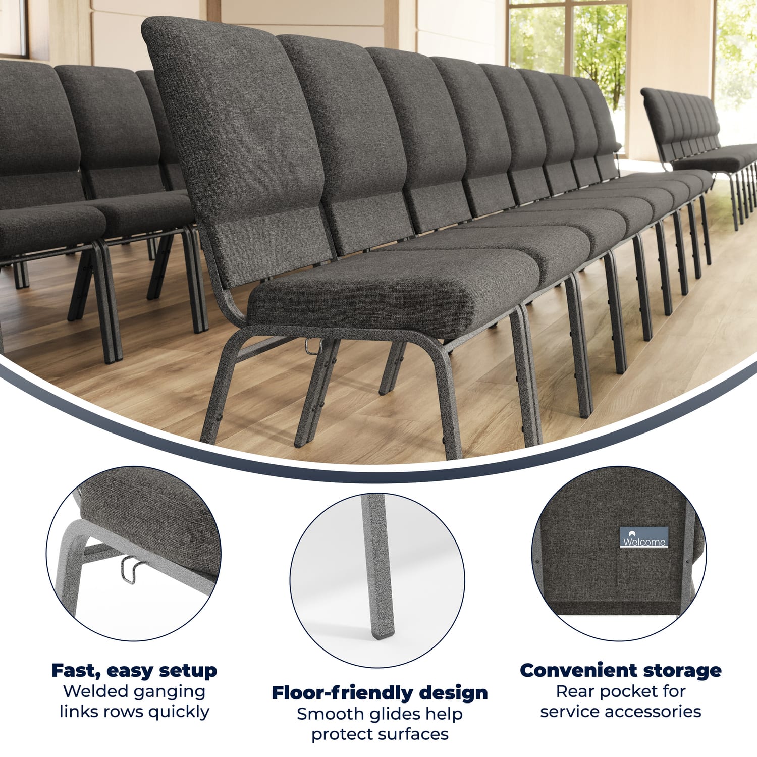 Flash Furniture Advantage Church Chair, Charcoal Gray/Silver Vein, PCHT185111 - Image 4