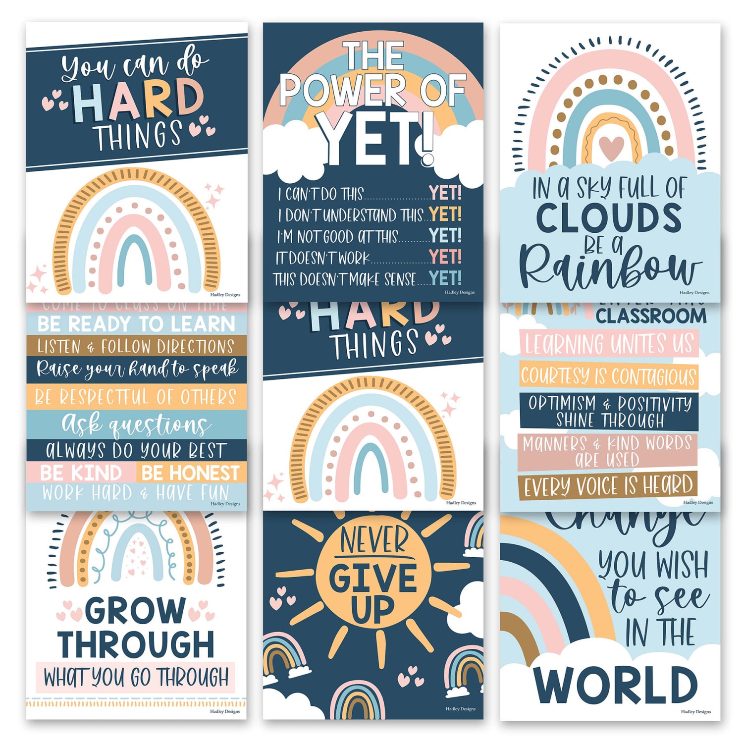 Hadley Designs Posters, Boho Rainbow Growth Mindset Classroom Decor, Set Of 9