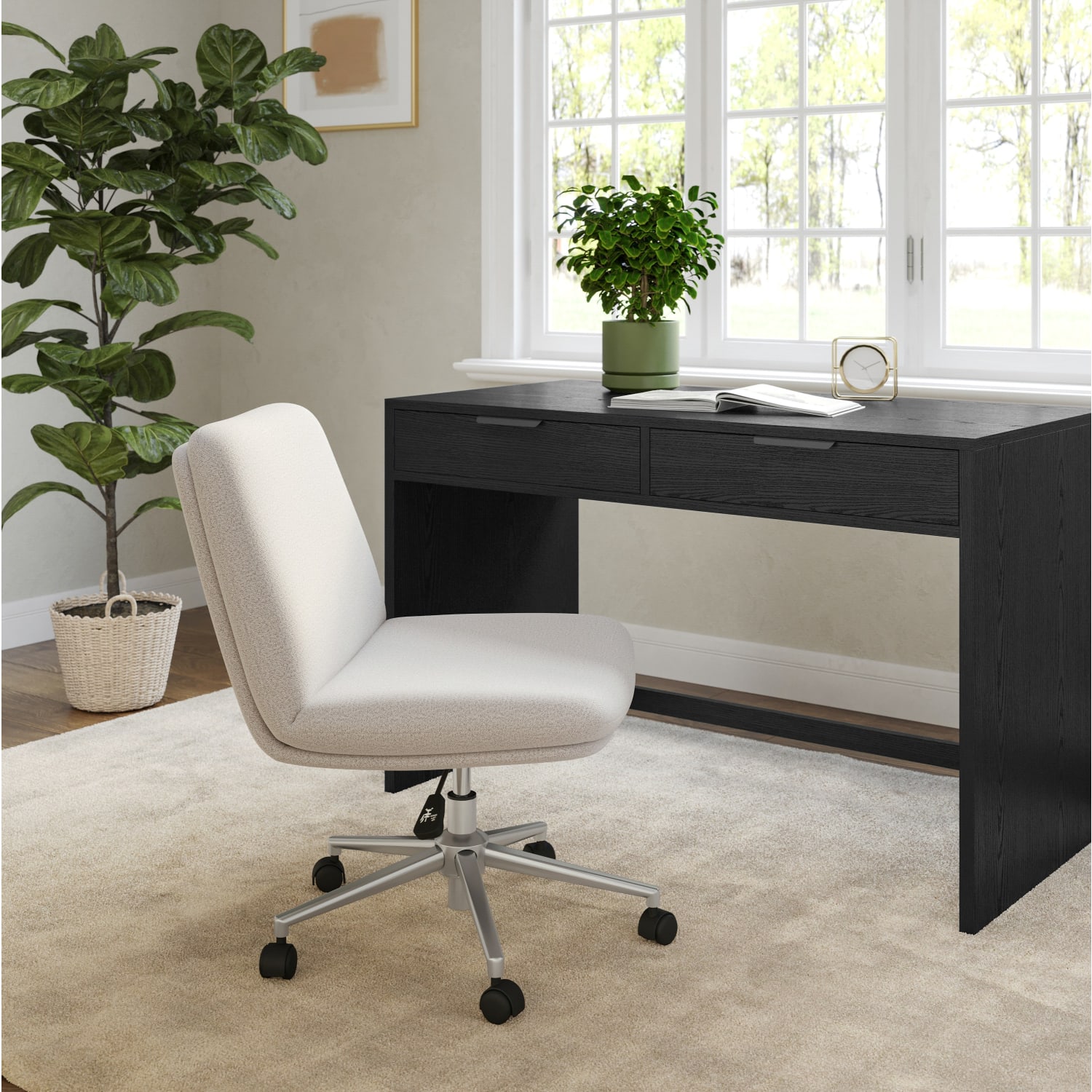 Martha Stewart Eloise Upholstered Office Chair, Grey White Fabric/Polished Nickel Frame - Image 3