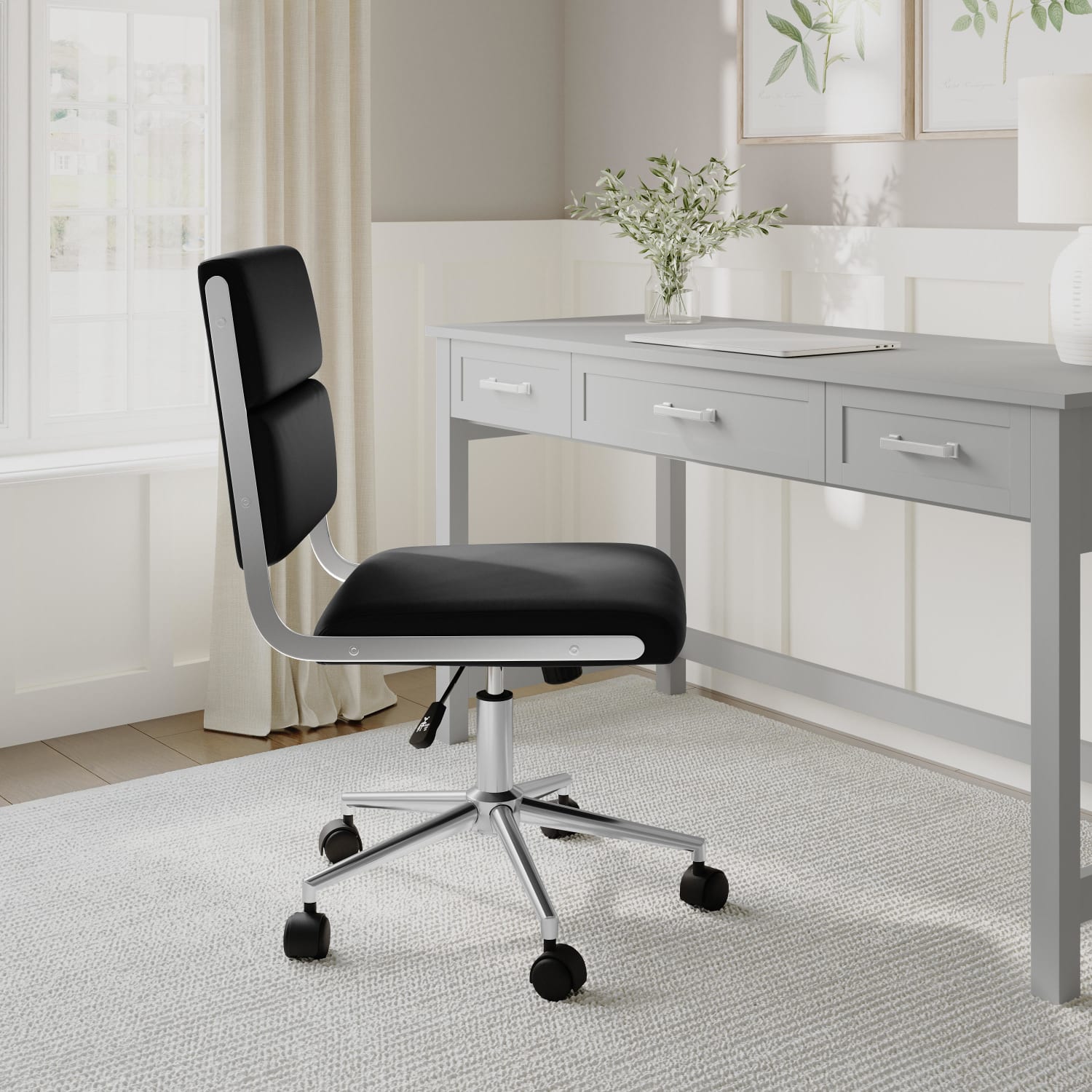 Martha Stewart Lulu Upholstered Office Chair, Black Faux Leather/Polished Nickel Frame