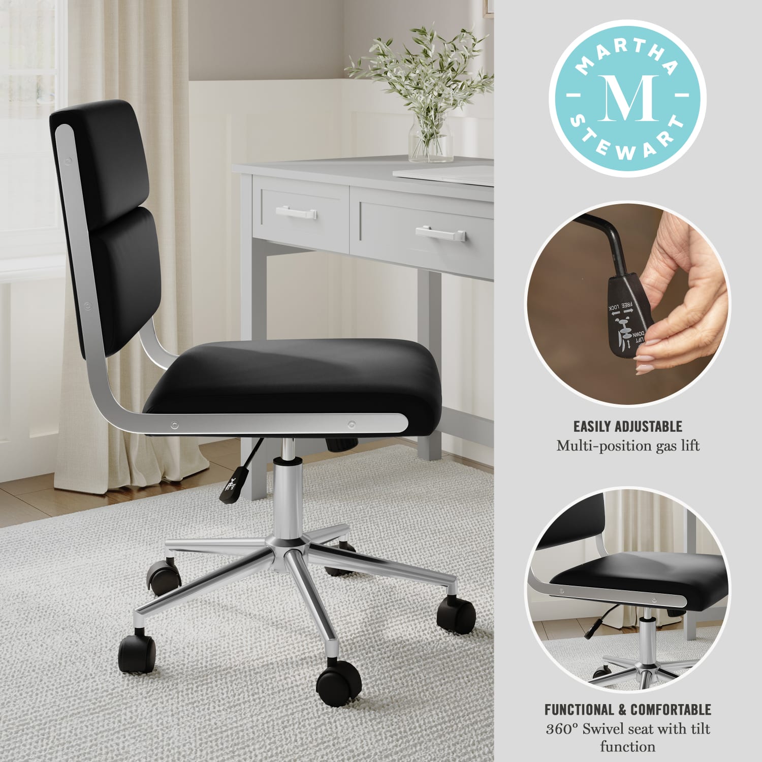 Martha Stewart Lulu Upholstered Office Chair Black Faux LeatherPolished Nickel Frame PopularChairscom