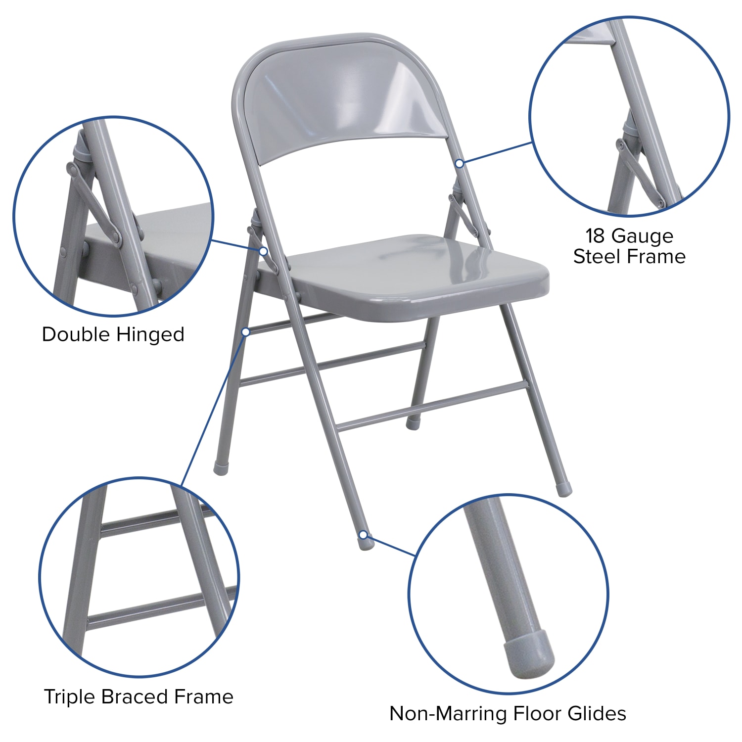Flash Furniture HERCULES Series Triple Braced  Double Hinged Metal Folding Chairs Gray Pack Of 2 Chairs PopularChairscom