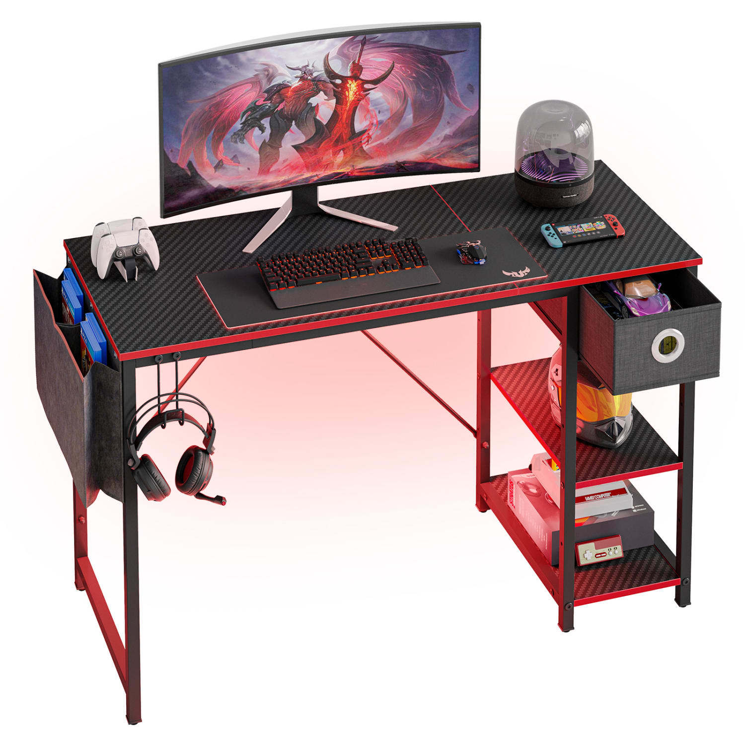 Bestier 48inW Reversible Computer Desk With Storage Drawer, Adjustable Shelf And Side Bag, Black