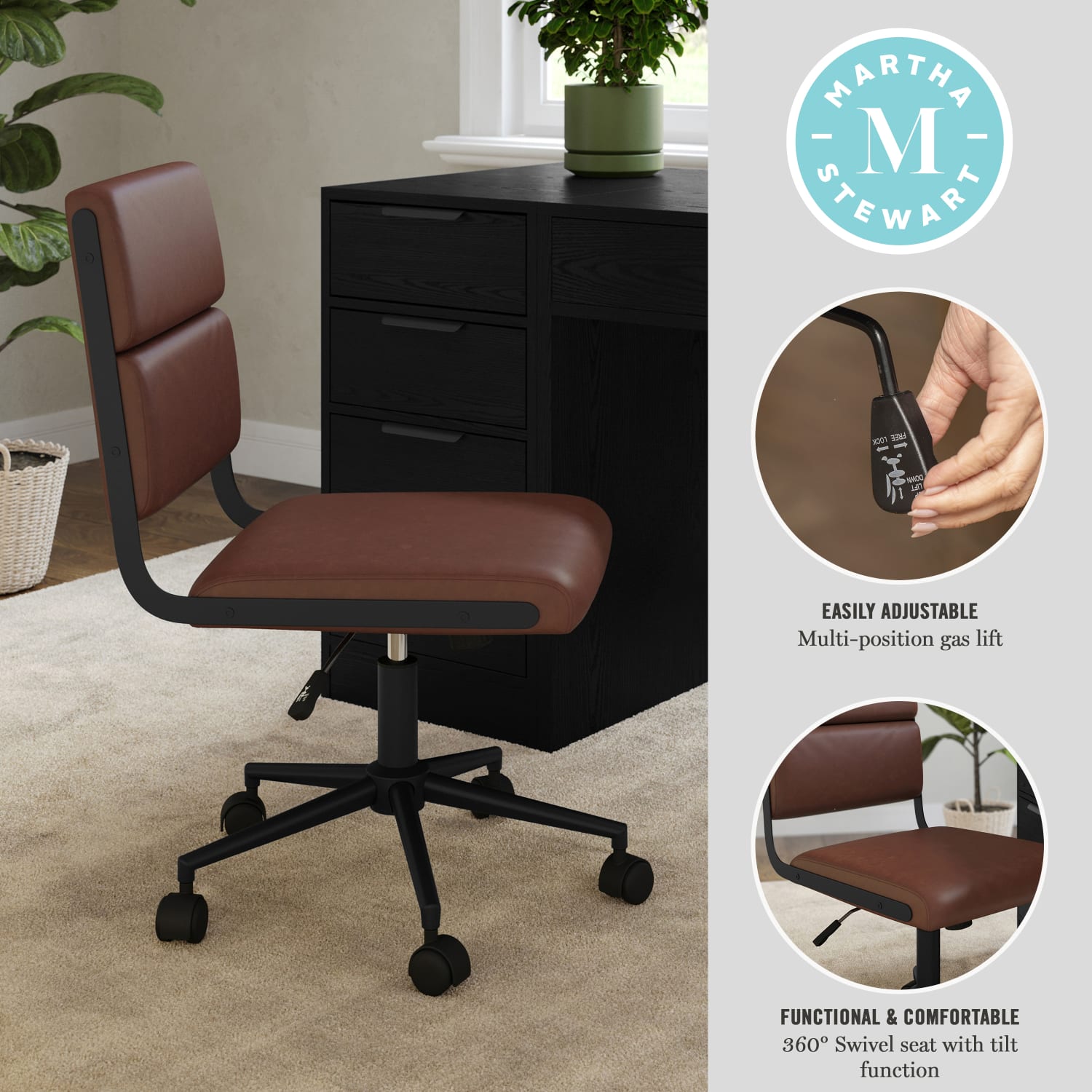 Martha Stewart Lulu Upholstered Office Chair Saddle Brown Faux LeatherOil Rubbed Bronze Frame PopularChairscom