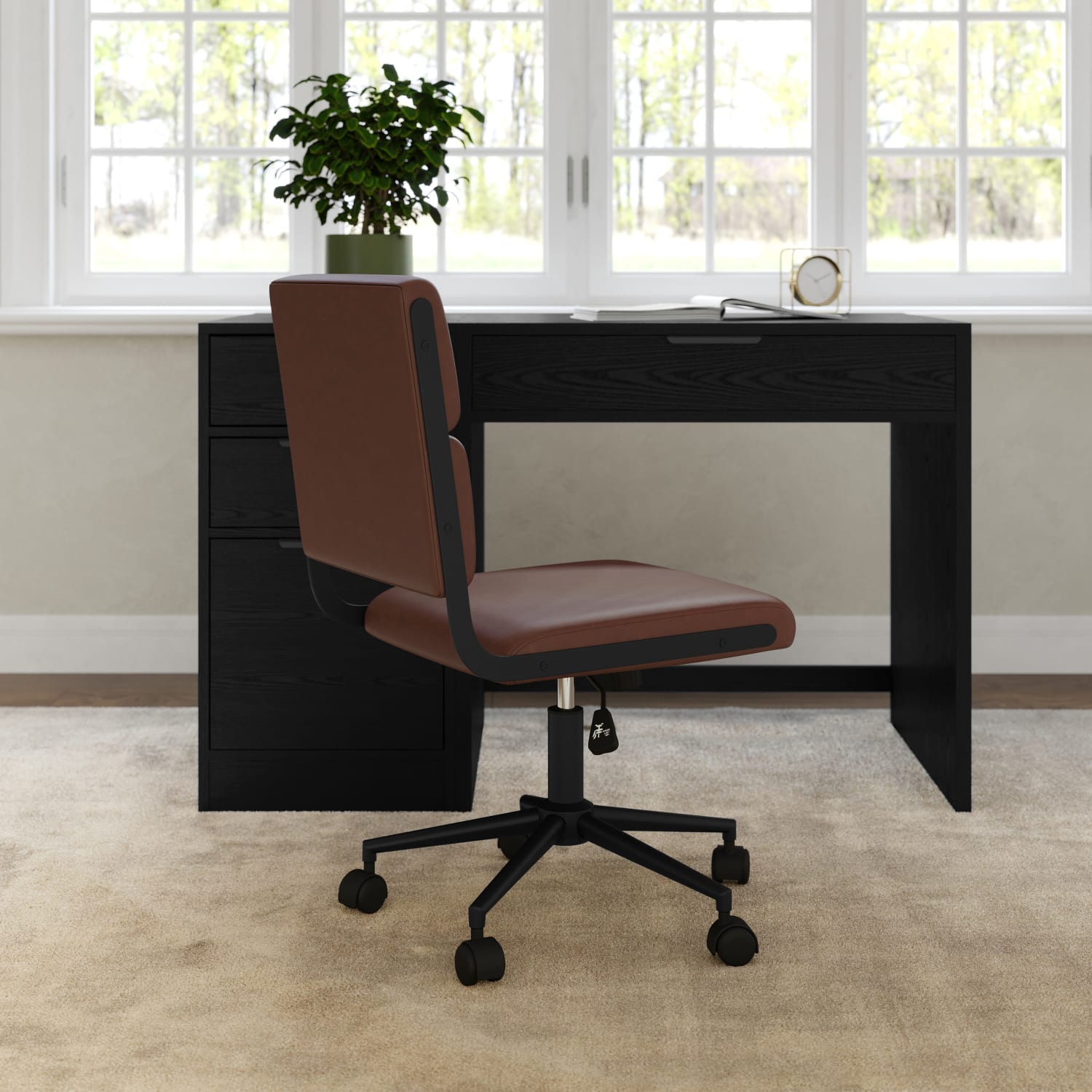 Martha Stewart Lulu Upholstered Office Chair Saddle Brown Faux LeatherOil Rubbed Bronze Frame PopularChairscom