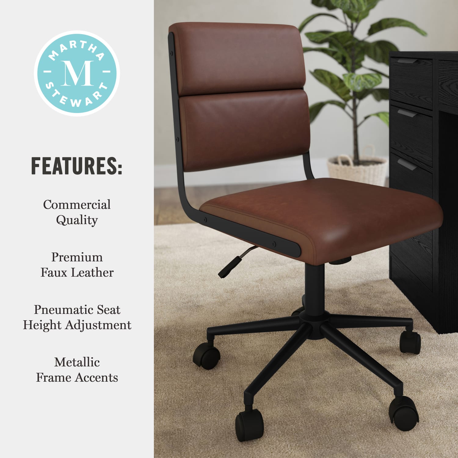 Martha Stewart Lulu Upholstered Office Chair Saddle Brown Faux LeatherOil Rubbed Bronze Frame PopularChairscom