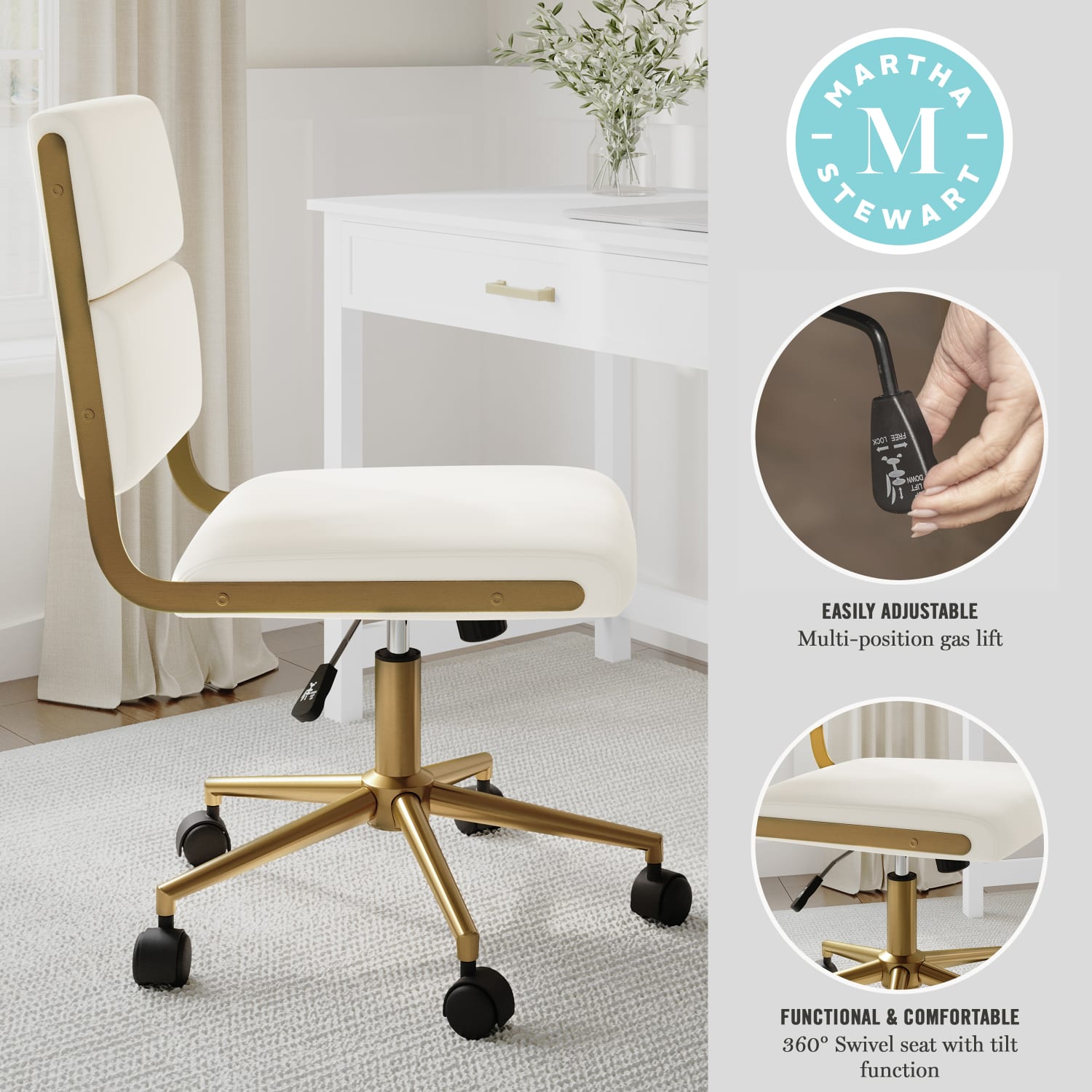 Martha Stewart Lulu Upholstered Office Chair Off White Faux LeatherPolished Brass Frame PopularChairscom Martha Stewart Lulu Upholstered Office Chair Off White Faux LeatherPolished Brass Frame PopularChairscom