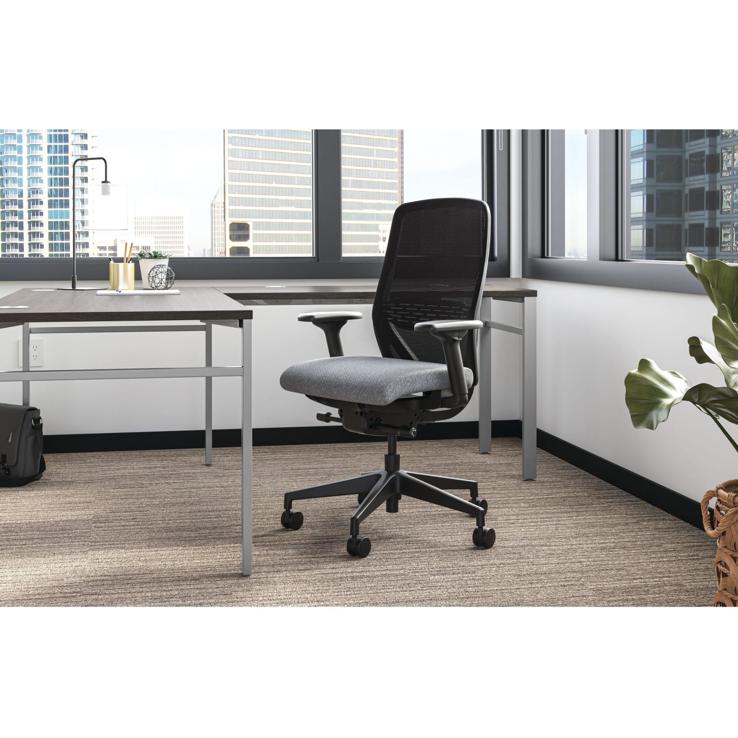 HON Mod 66inW L-Station Table Writing Desk With Mobile Pedestal, Slate Teak/Silver/Cool Neutral - Image 3