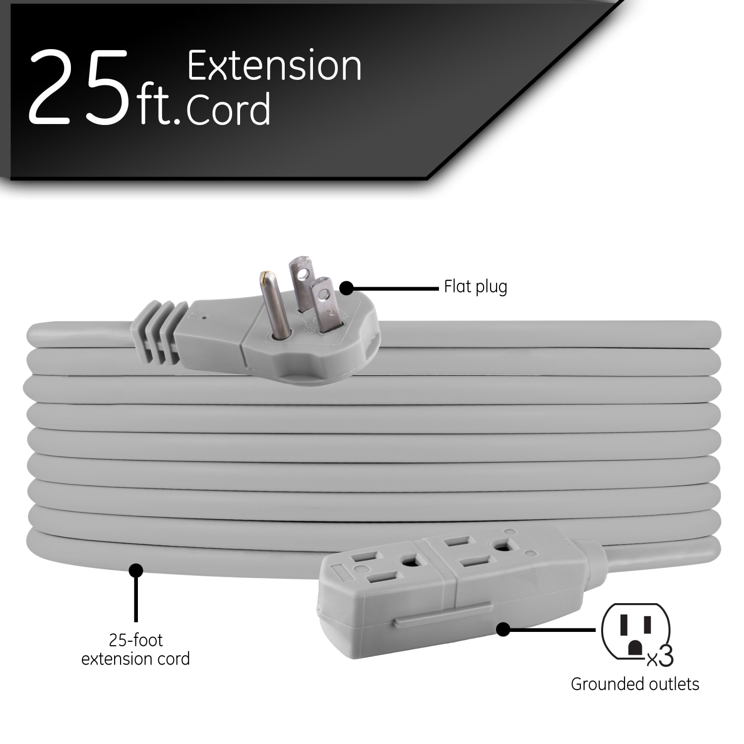GE 3 Outlet Extension Cord, 25ft Long Cord, Flat Plug, Gray, 43025 - Image 5