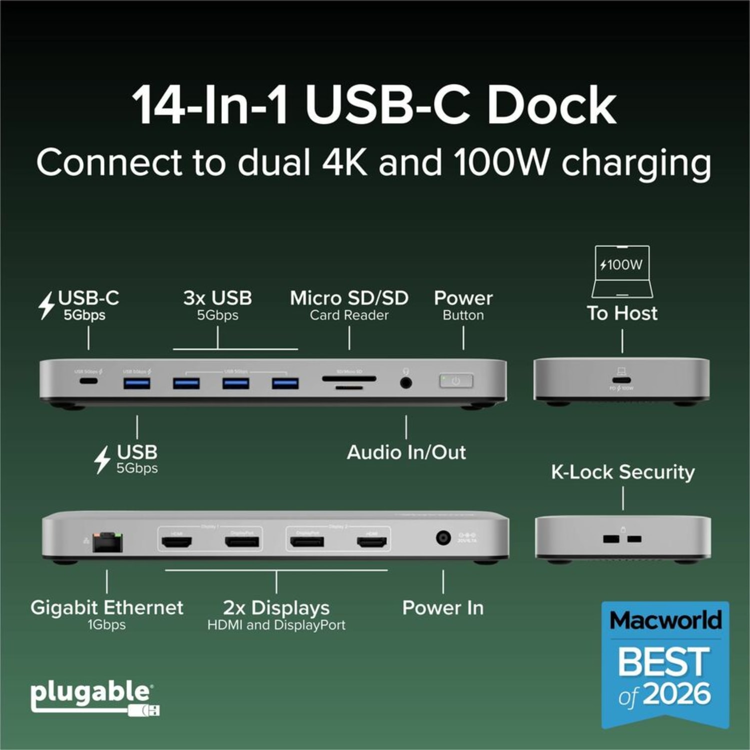 Plugable USB C Laptop Docking Station, Dual Monitor 4K 60Hz  - UD6950PDH - Image 3