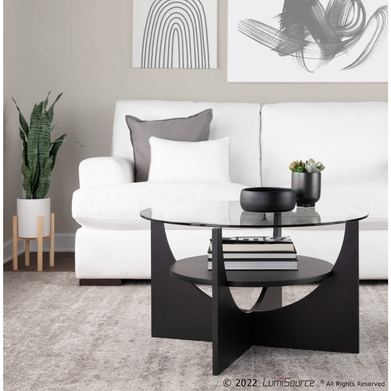 LumiSource Contemporary U-Shaped Coffee Table, 18-3/4inH x 31-1/2inW x 31-1/2inD, Black/Clear - Image 5