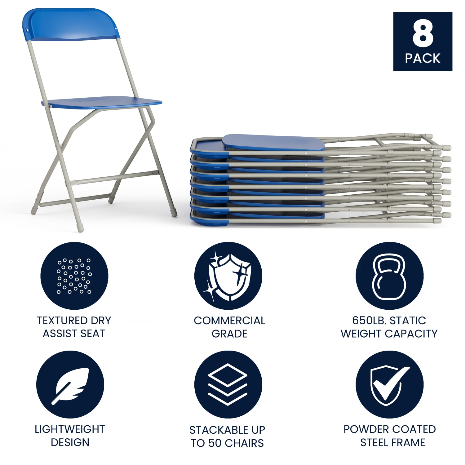 Flash Furniture Hercules Series Plastic Folding Chair - 8 Pack 650LB Weight Capacity, Blue - Image 3