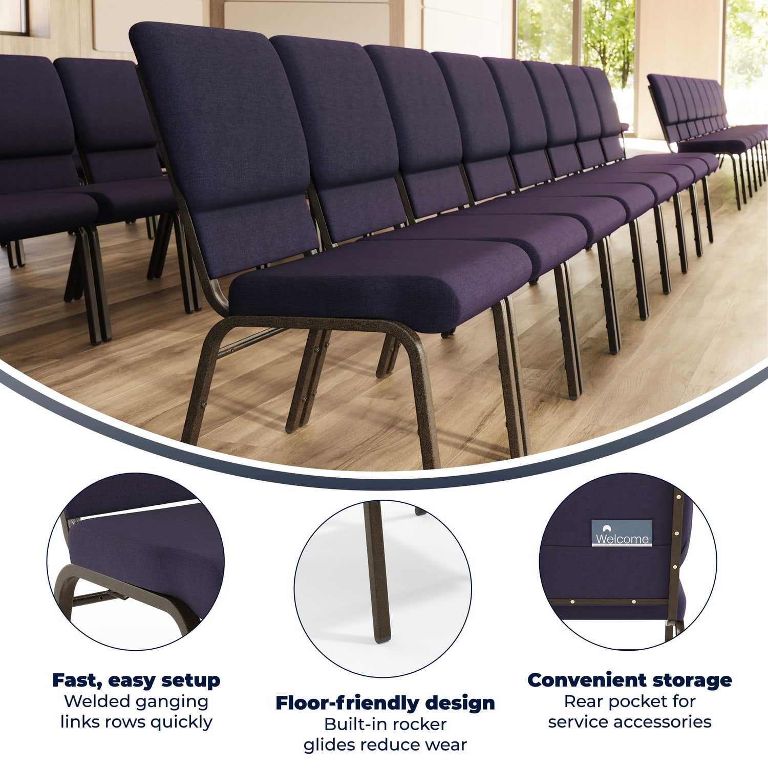 Flash Furniture HERCULES Series Stackable Church Chair, Royal Purple/Goldvein - Image 4