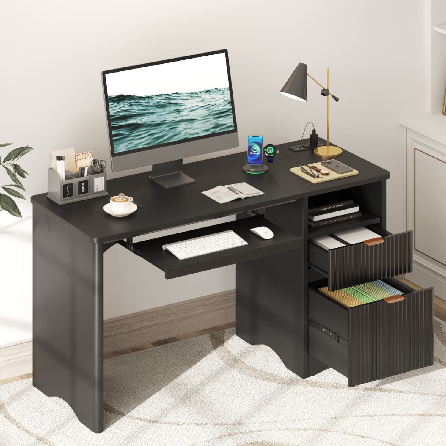 Bestier 55in Computer Desk With Power Outlets, 2 Storage Drawers And Keyboard Tray, Black