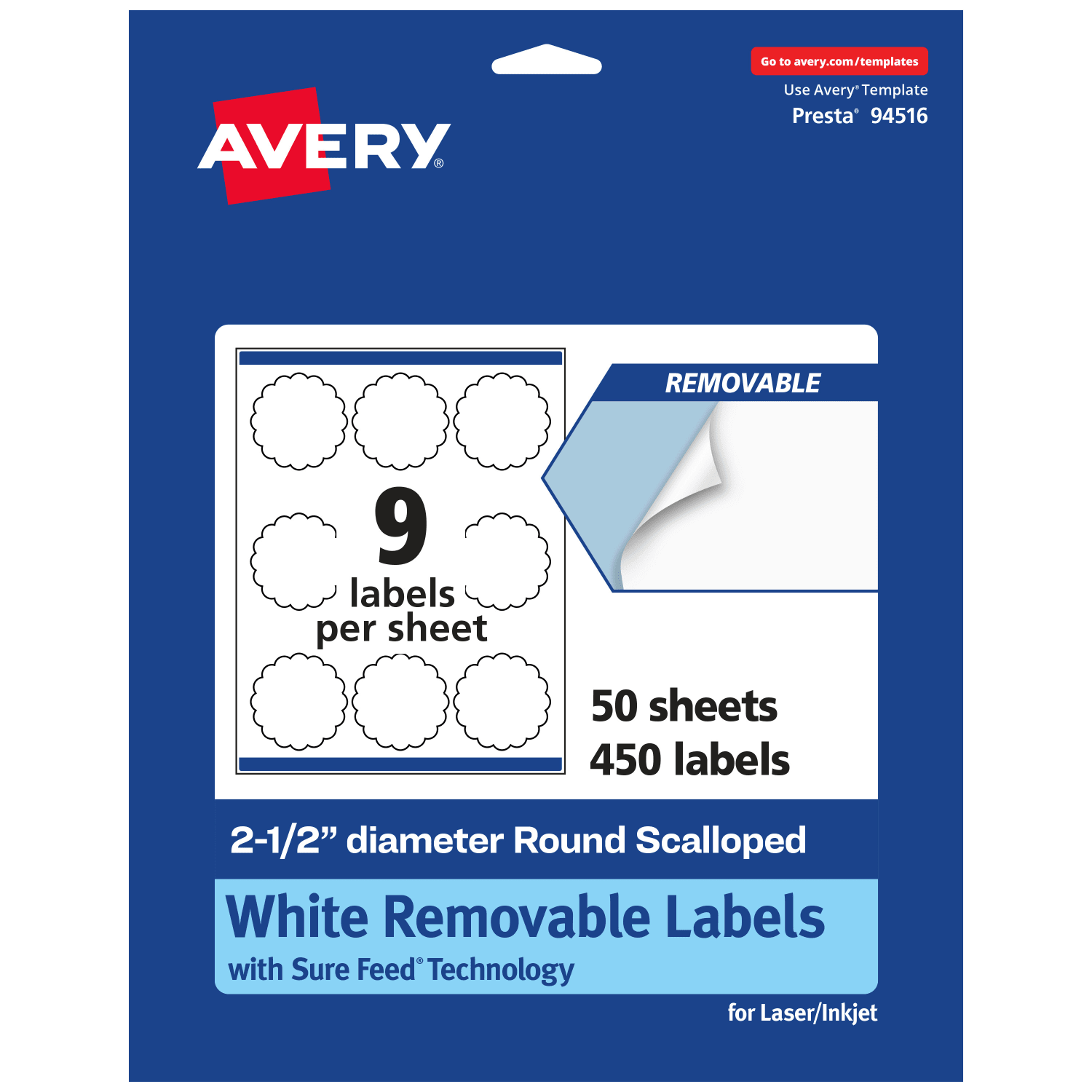 Avery Removable Labels With Sure Feed, 94516-RMP50, Round Scalloped, 2-1/2in Diameter, White, Pack Of 450 Labels