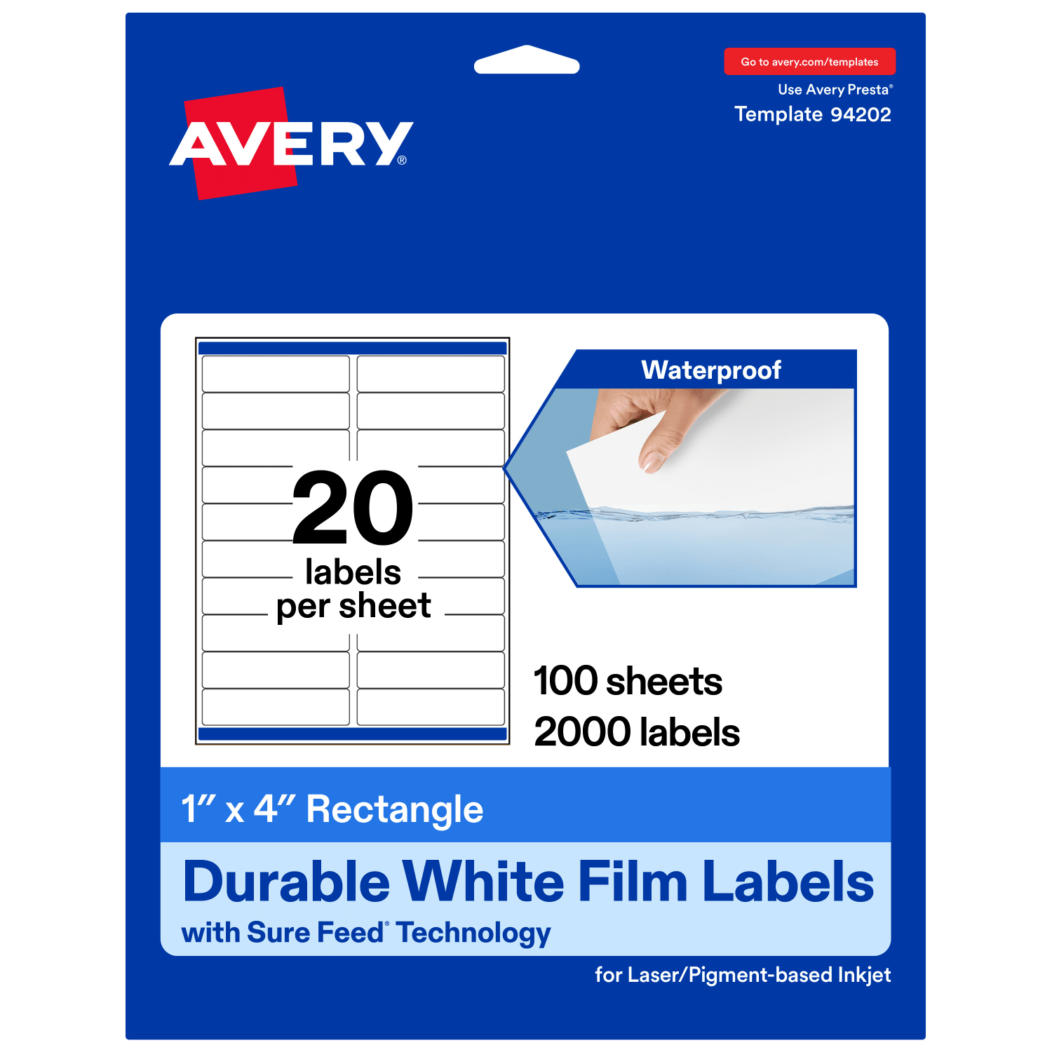 Avery Waterproof Permanent Labels With Sure Feed, 94202-WMF100, Rectangle, 1in x 4in, White, Pack Of 2,000