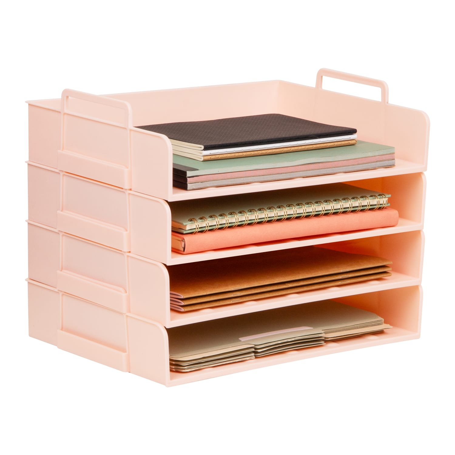 Mind Reader Stackable Paper Trays, 11inH x 10inW x 13-3/4inD, Pink, Set Of 4 Trays