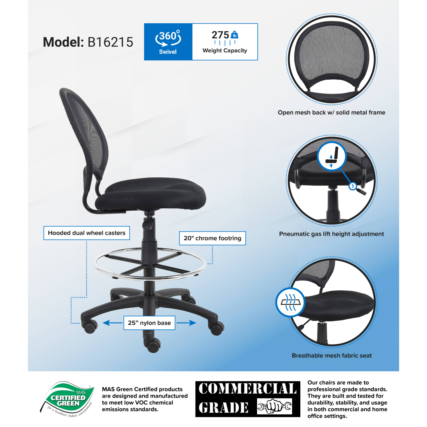 Boss Office Products Mesh Drafting Stool, Black - Image 5