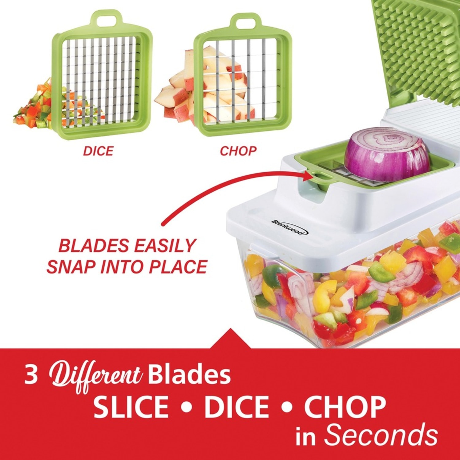 Brentwood Food Chopper and Vegetable Dicer With 6.75 Cup Storage Container and Stainless Steel Blades, White - Image 5