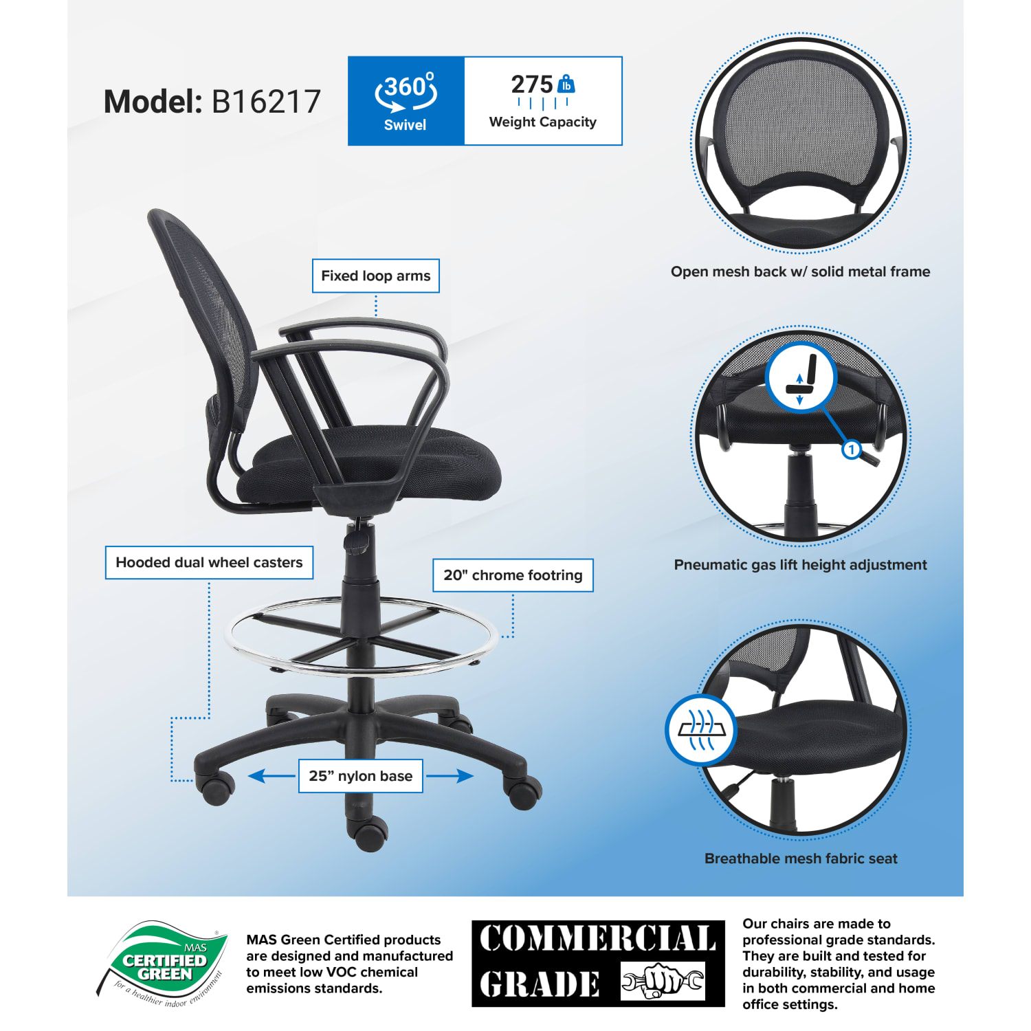 Boss Office Products Mesh Drafting Stool With Loop Arms, Black - Image 5