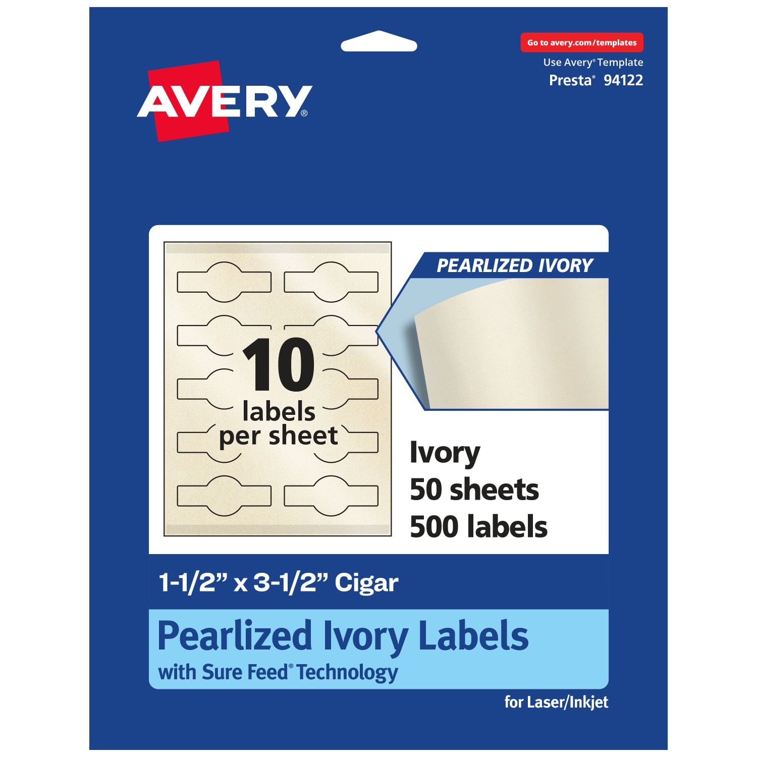 Avery Pearlized Permanent Labels With Sure Feed, 94122-PIP50, Cigar, 1-1/2in x 3-1/2in, Ivory, Pack Of 500 Labels