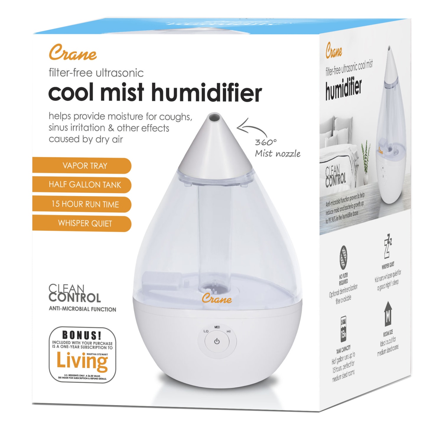 Crane Droplet Ultrasonic Cool Mist Humidifier, 6-3/4inH x 6-3/4inW x 10-1/2inD, Clear/White - Image 3