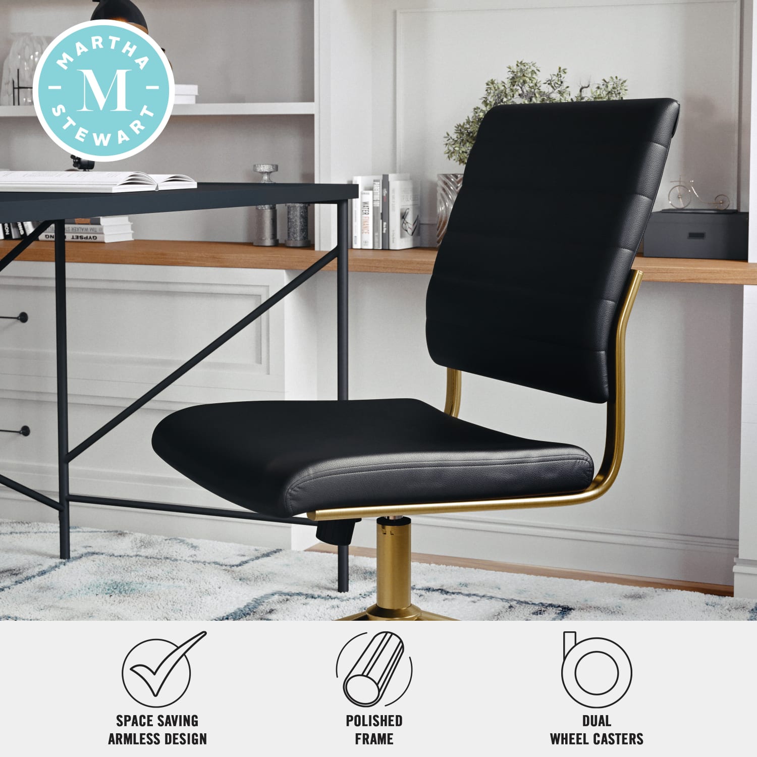 Martha Stewart Ivy Faux Leather Upholstered Mid Back Executive Office Chair BlackPolished Brass PopularChairscom