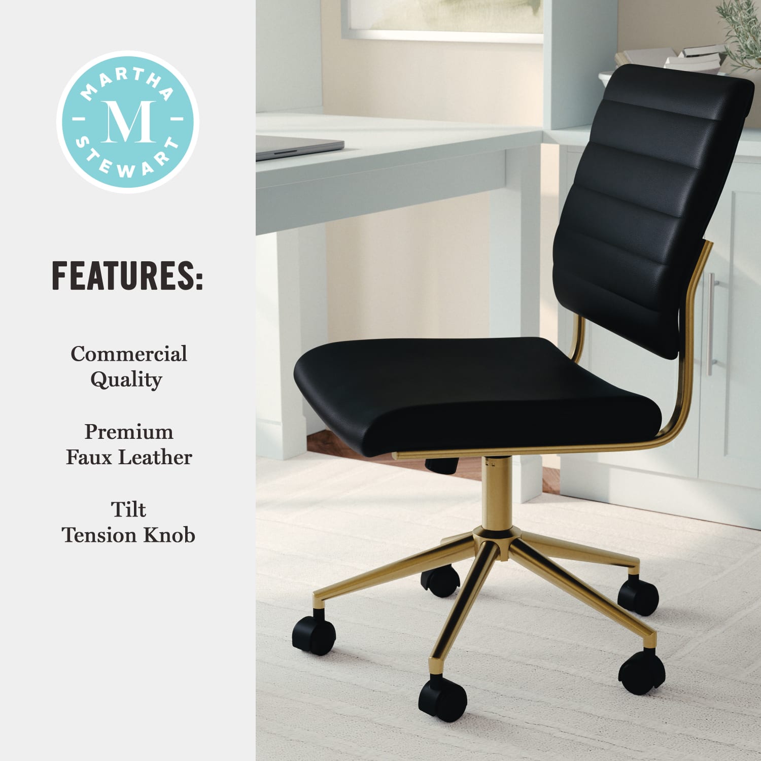 Martha Stewart Ivy Faux Leather Upholstered Mid-Back Executive Office Chair, Black/Polished Brass - Image 6