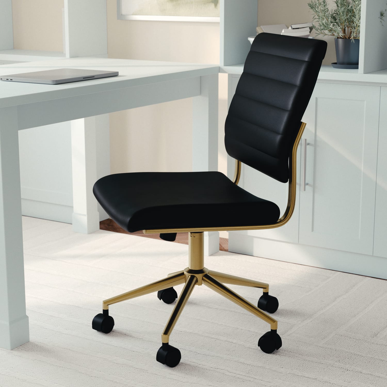 Martha Stewart Ivy Faux Leather Upholstered Mid Back Executive Office Chair BlackPolished Brass PopularChairscom