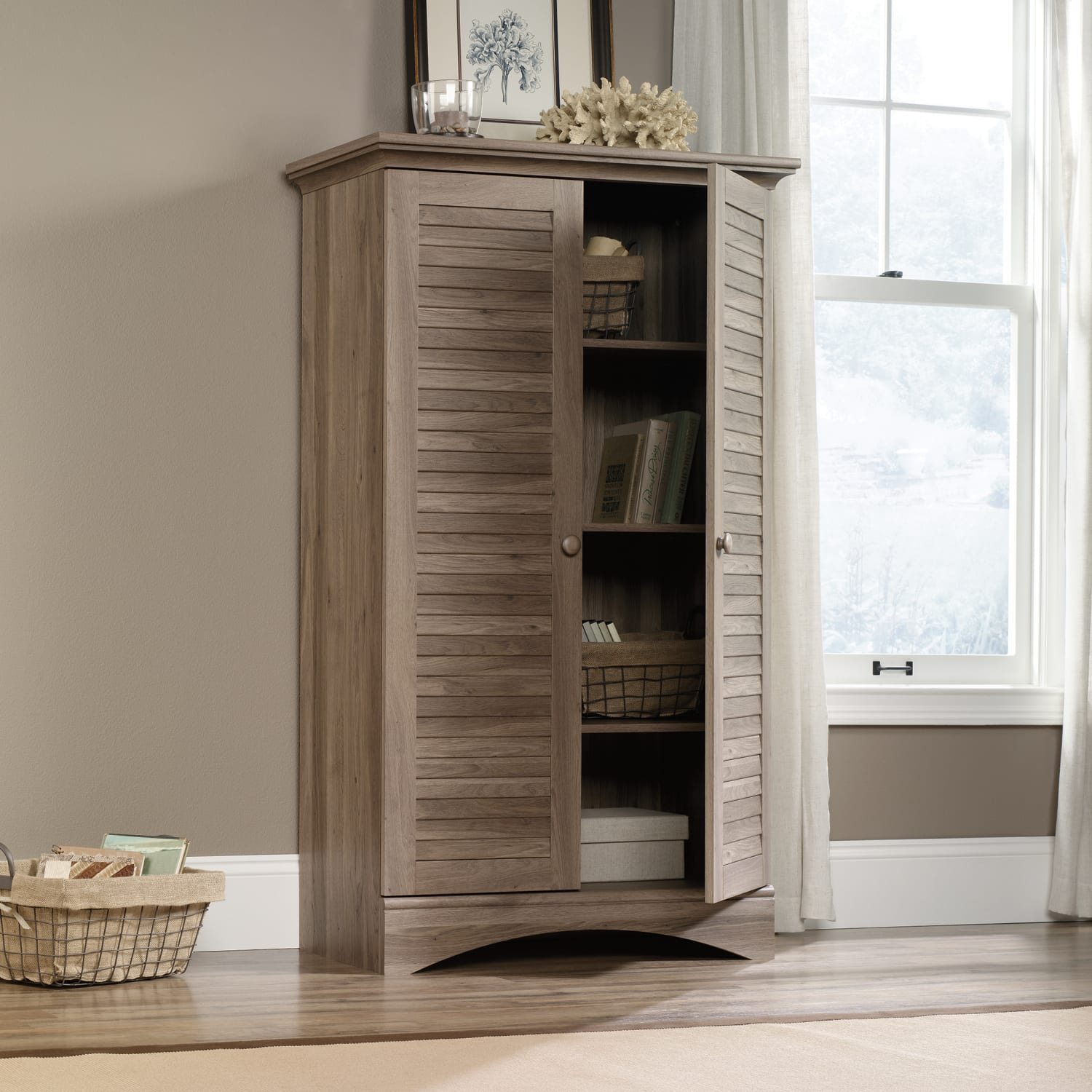 Sauder Harbor View Storage Cabinet, 4-Shelf, Salt Oak - Image 4