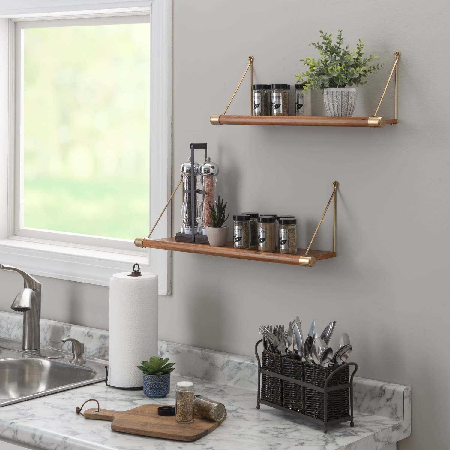 Linon Lalaine Wall Shelves, Brown/Gold, Set Of 2 Shelves - Image 3