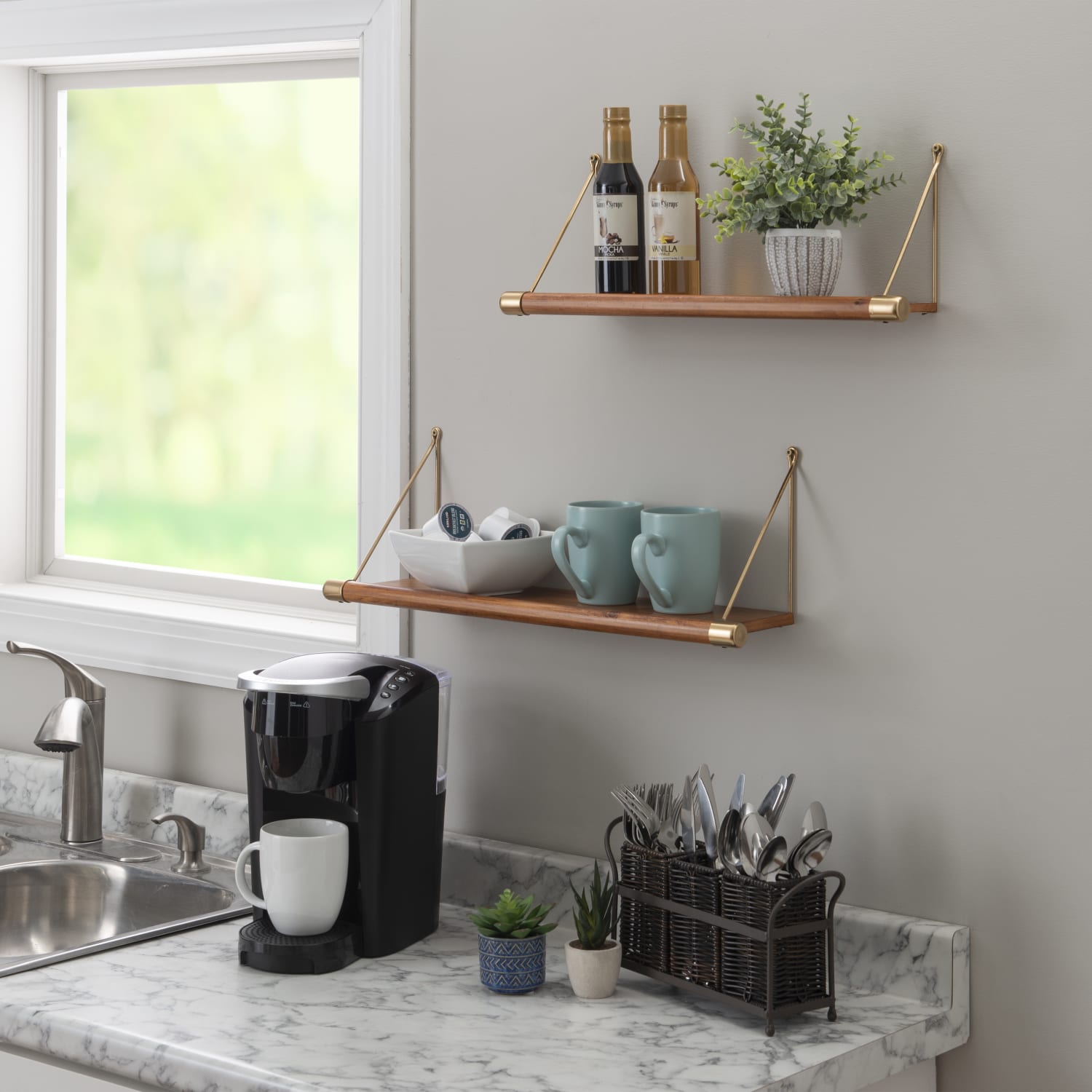 Linon Lalaine Wall Shelves, Brown/Gold, Set Of 2 Shelves - Image 4