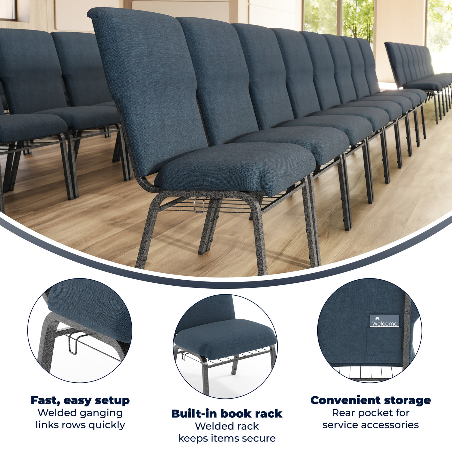 Flash Furniture Advantage Discount Church Chair, Navy/Silver Vein - Image 4