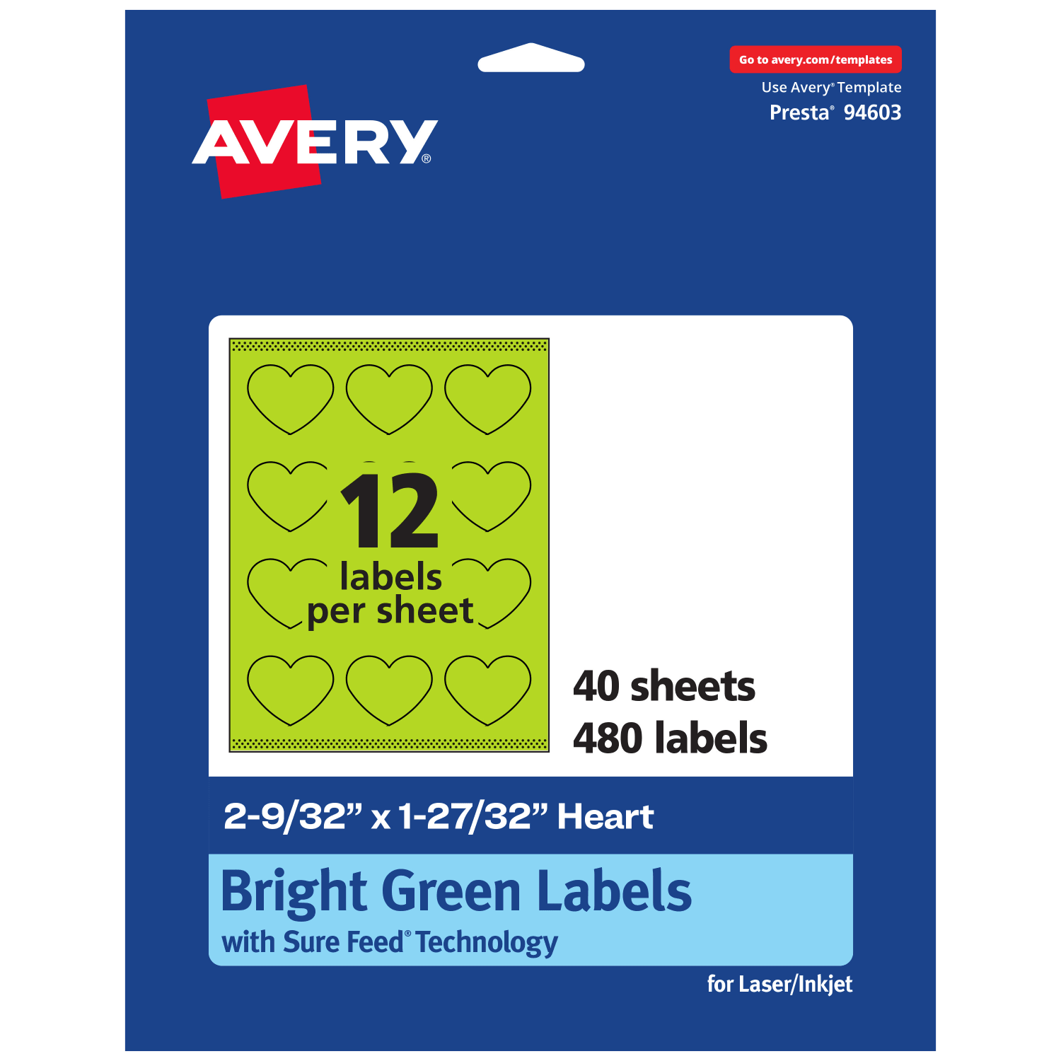Avery Print-To-The-Edge Labels With Sure Feed Technology, 94603-BGP40, Heart, 2-9/32in x 1-27/32in, Matte Bright Green, Pack of 480