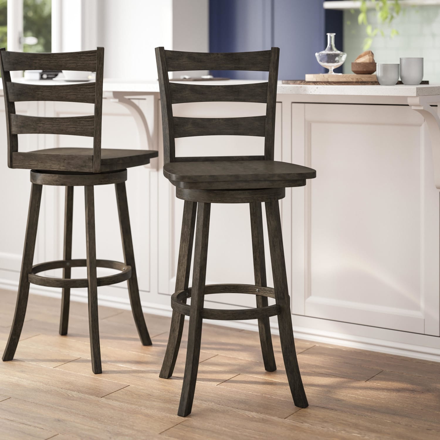 Flash Furniture Liesel Commercial Grade Wooden Classic Ladderback Swivel Bar Height Barstool with Solid Wood Seat, Gray Wash Walnut - Image 3