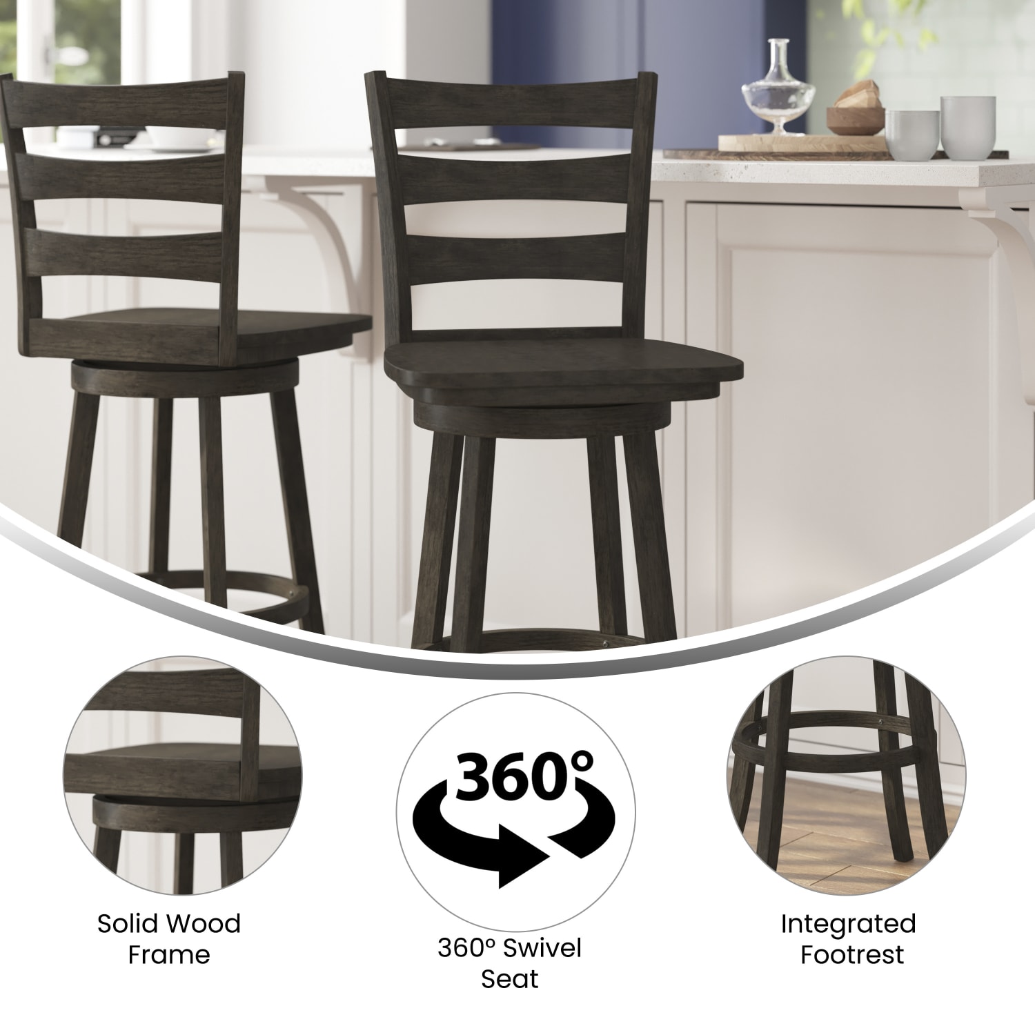 Flash Furniture Liesel Commercial Grade Wooden Classic Ladderback Swivel Bar Height Barstool with Solid Wood Seat Gray Wash Walnut PopularChairscom