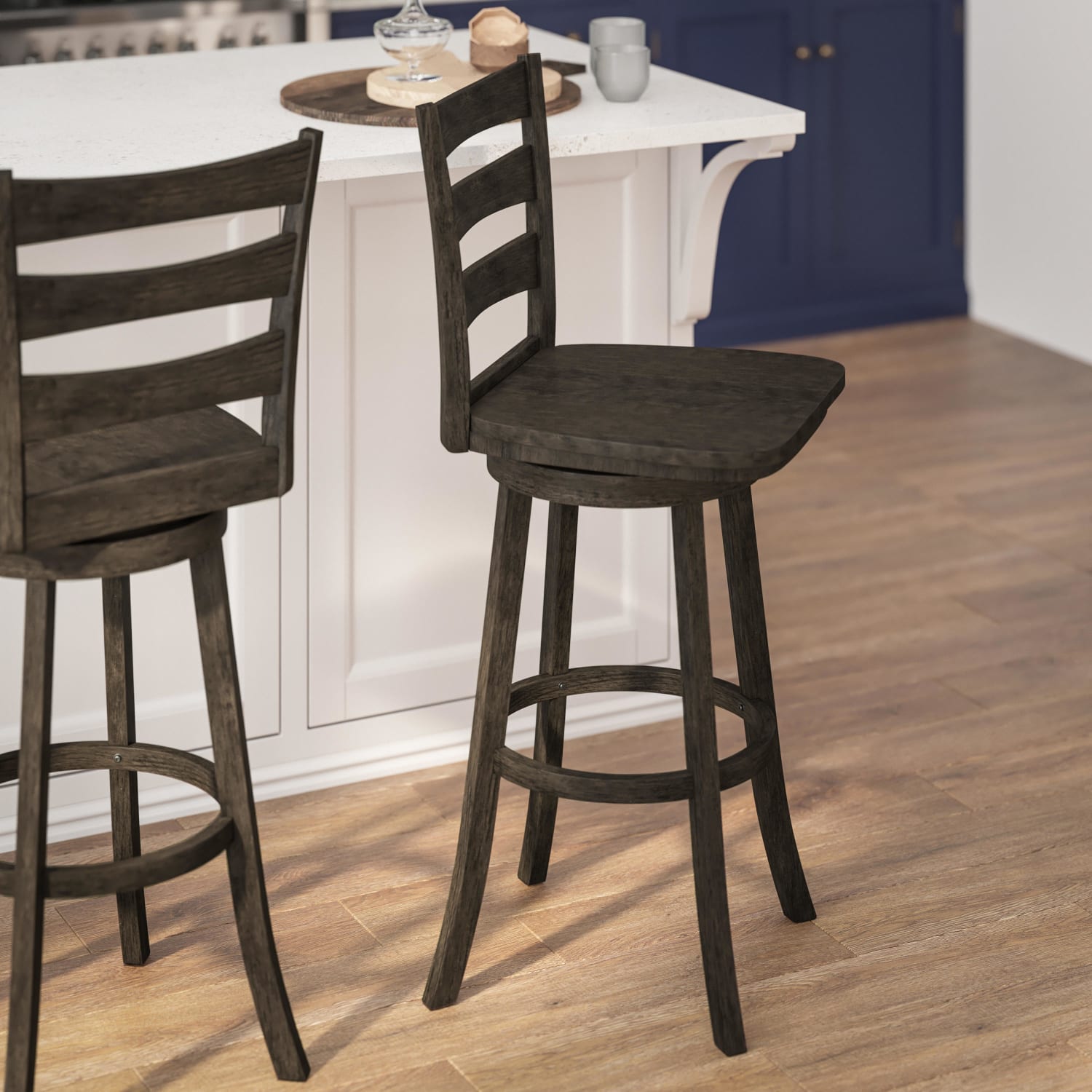 Flash Furniture Liesel Commercial Grade Wooden Classic Ladderback Swivel Bar Height Barstool with Solid Wood Seat Gray Wash Walnut PopularChairscom