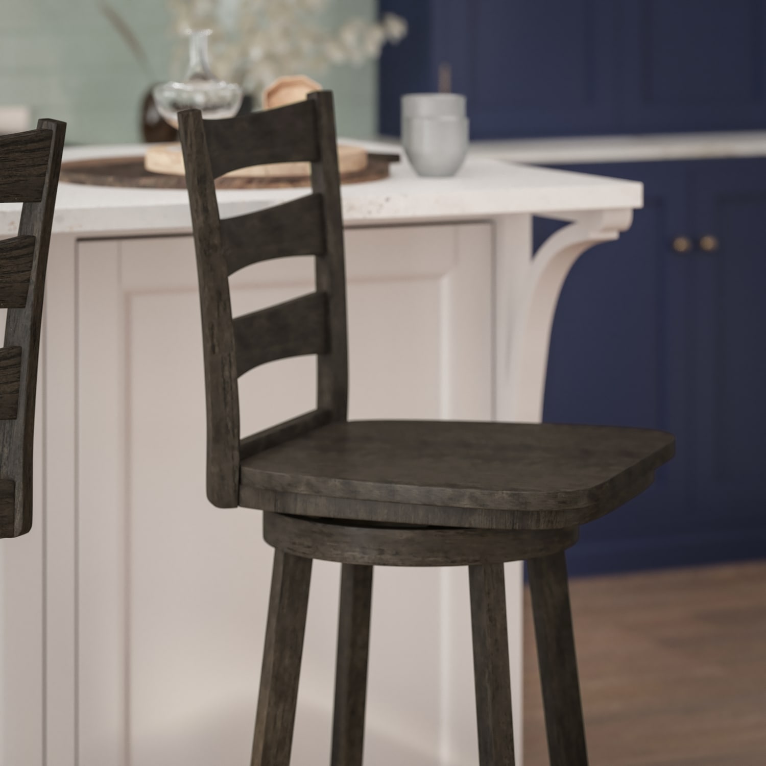 Flash Furniture Liesel Commercial Grade Wooden Classic Ladderback Swivel Bar Height Barstool with Solid Wood Seat, Gray Wash Walnut - Image 6