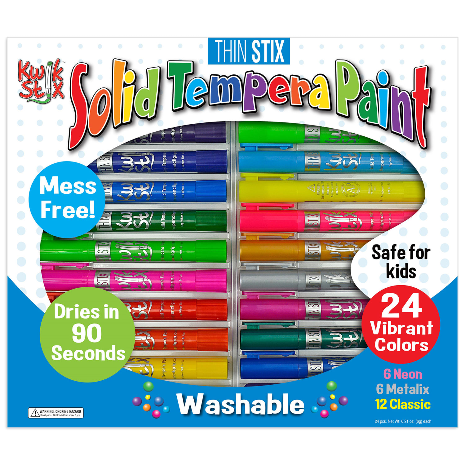 The Pencil Grip Thin Stix Solid Tempera Paint Sticks, 6 mL, Assorted, Pack Of 24 Sticks