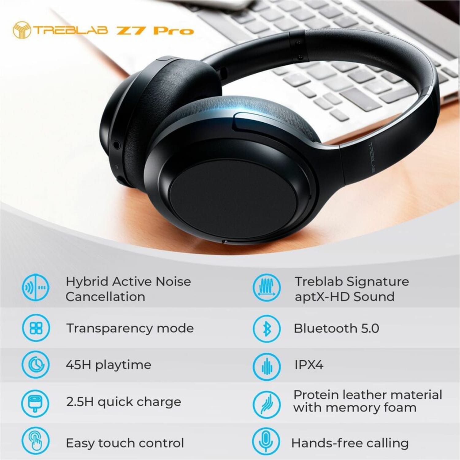 Treblab Z7 PRO, Hybrid Active Noise Canceling Headphones with Mic, 45H Playtime, Z7PRO - Image 4