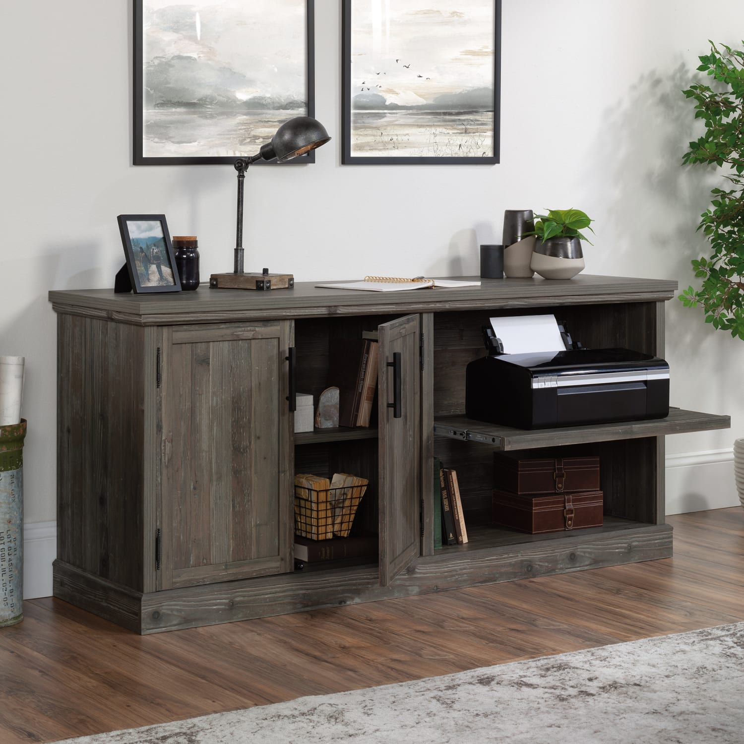 Sauder Aspen Post 65inW Credenza Computer Desk, Pebble Pine - Image 5