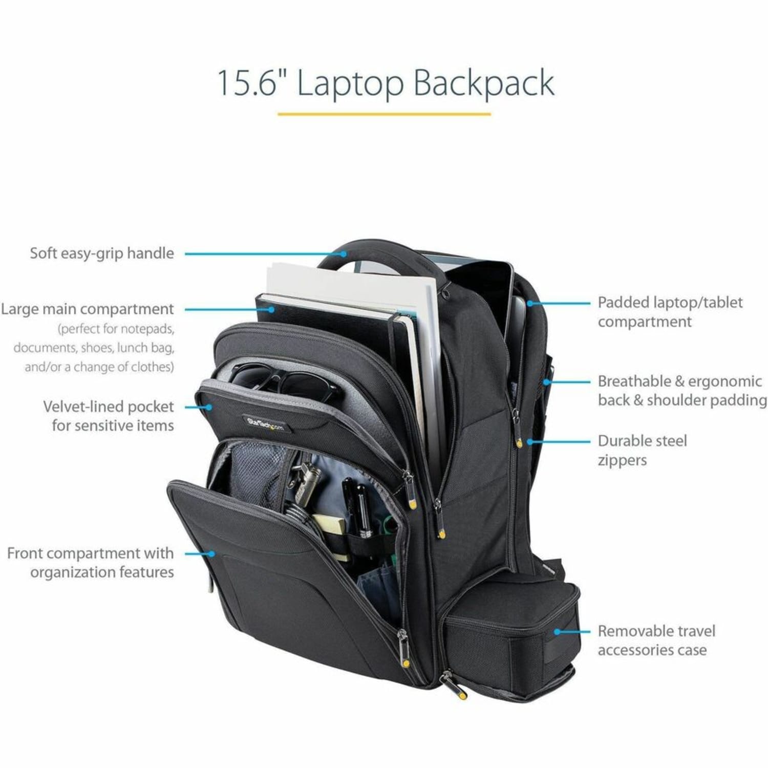 StarTech.com 15.6in Laptop Backpack, Removable Accessory Case, Business Travel Backpack, Ergonomic Commuter Bag, Notebook & Tablet Pockets - Image 3