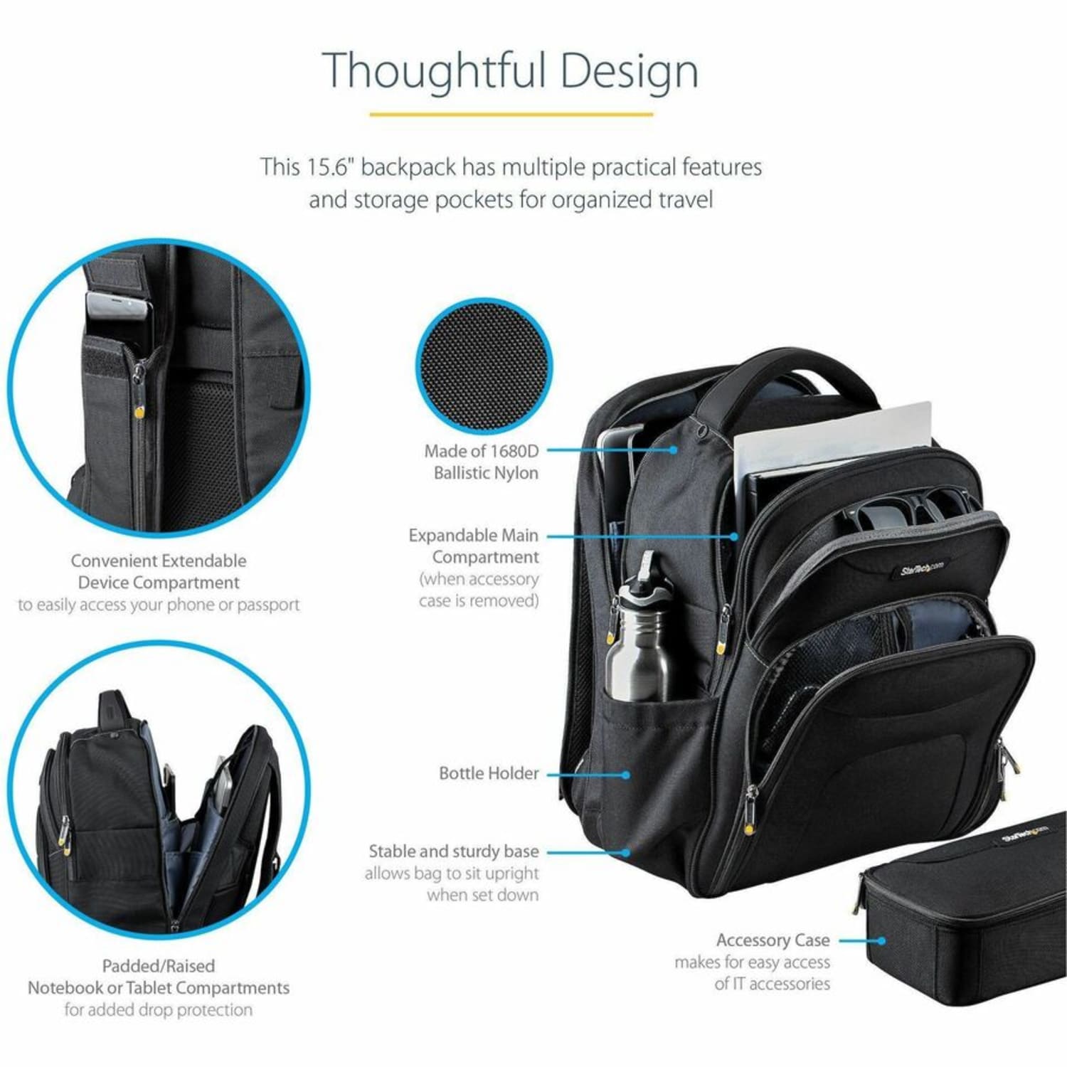 StarTech.com 15.6in Laptop Backpack, Removable Accessory Case, Business Travel Backpack, Ergonomic Commuter Bag, Notebook & Tablet Pockets - Image 5