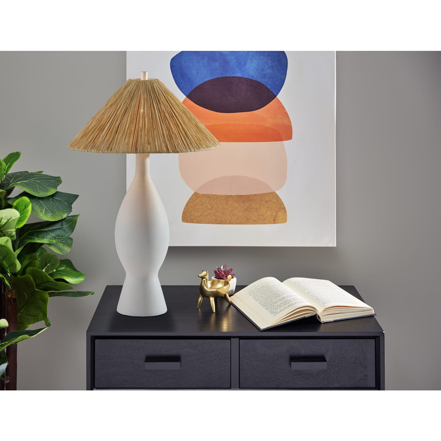 Adesso Maren Table Lamp, White/Raffia Grass Shade - Image 3
