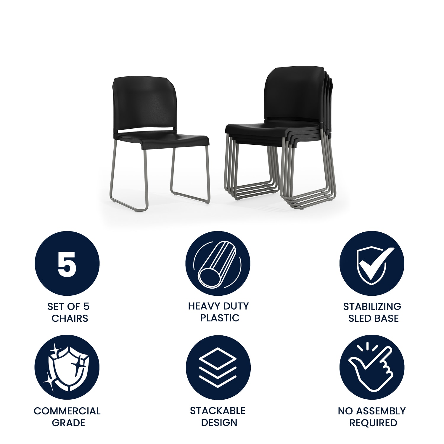 Flash Furniture HERCULES Series Full-Back Contoured Stack Chairs, Black/Silver, Set Of 5 Chairs - Image 3