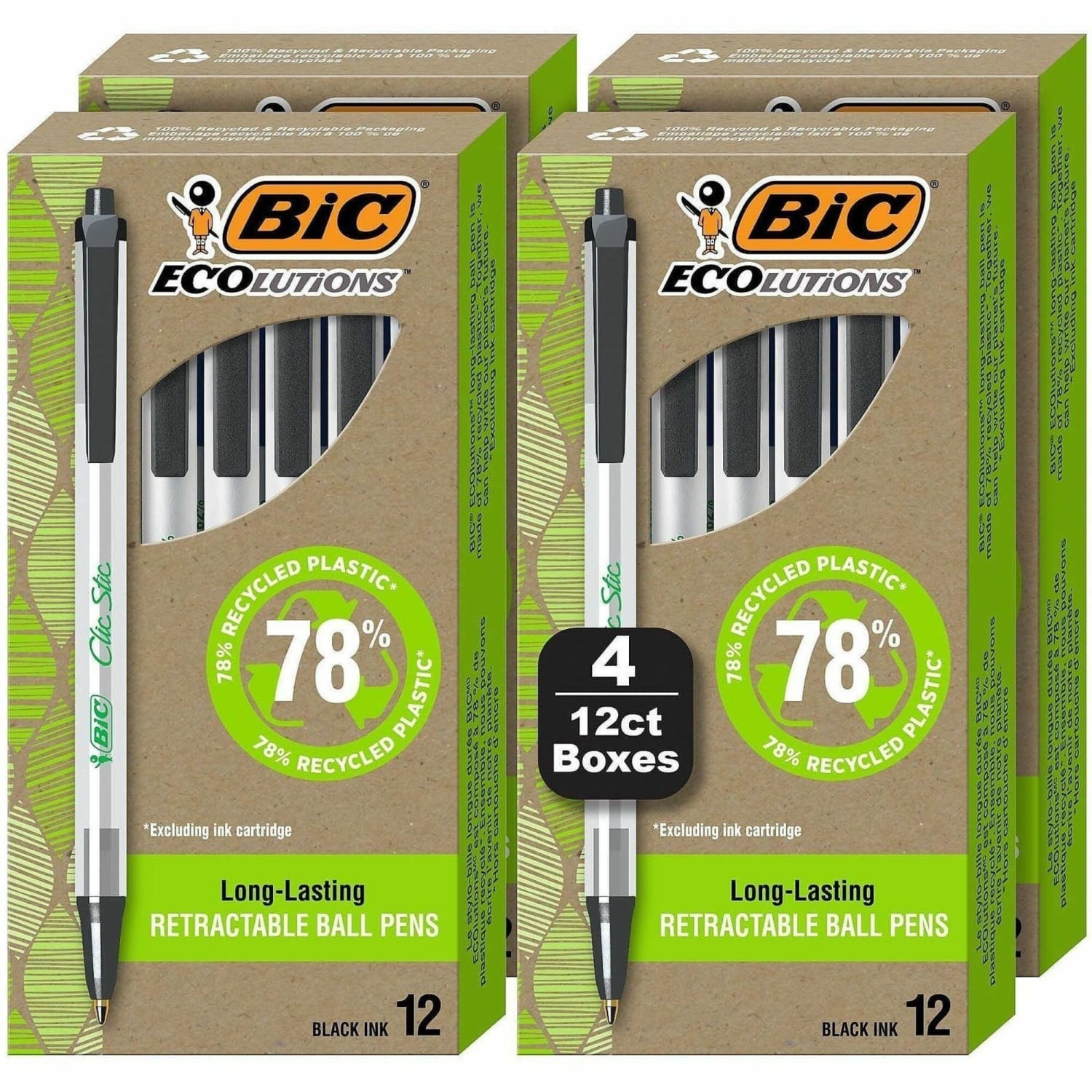 BIC Ecolutions Clic Stic Ballpoint Pen - Medium Pen Point - 1 mm Pen Point Size - Retractable - Black - Semi Clear Barrel - 48 / Pack